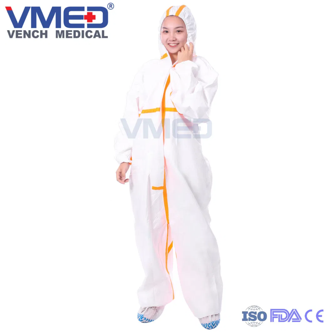 Disposable Type 5/6 White Micro-Porous Coverall with Orange Adhesive Strip